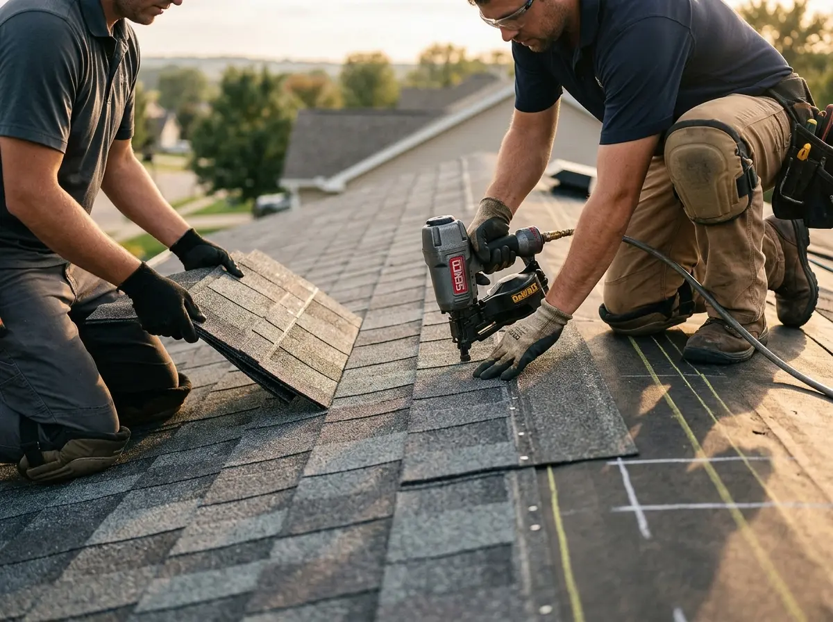 Professional roofer working on a residential roof in Texas